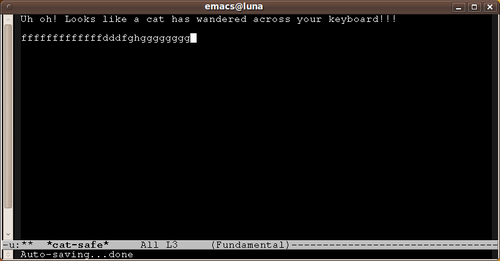 Emacs switches focus to a new buffer to stop cat damage.